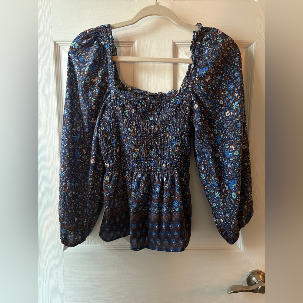 Vineyard Vines Navy and Floral Smocked Top